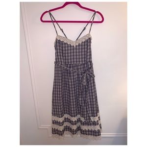 Anthropologie blue checkered lace trim dress